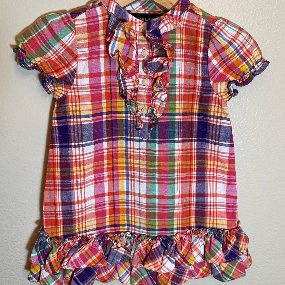 Ralph Lauren Ruffle Plaid Short Sleeve Linen Cotton Blend Dress